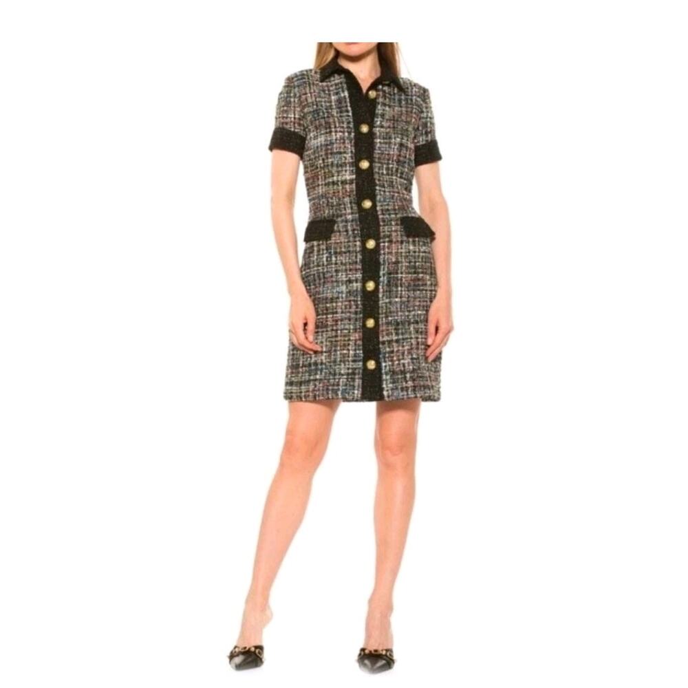Alexia Admor Jenni Button Front Tweed Sheath Dress Size 6 Twee Office Preppy